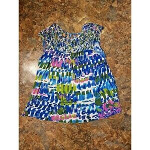 Plenty By Tracy Reese Blouse Blue Multicolor Geometric Knotted Small chic (A132)